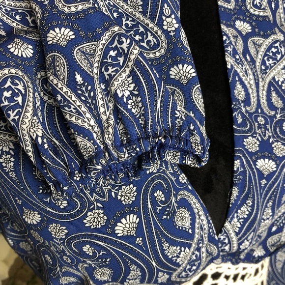 Blush Paisley Print Blue Long sleeve V-neck Romper w/ Crochet Detail Waist - Picture 5 of 9